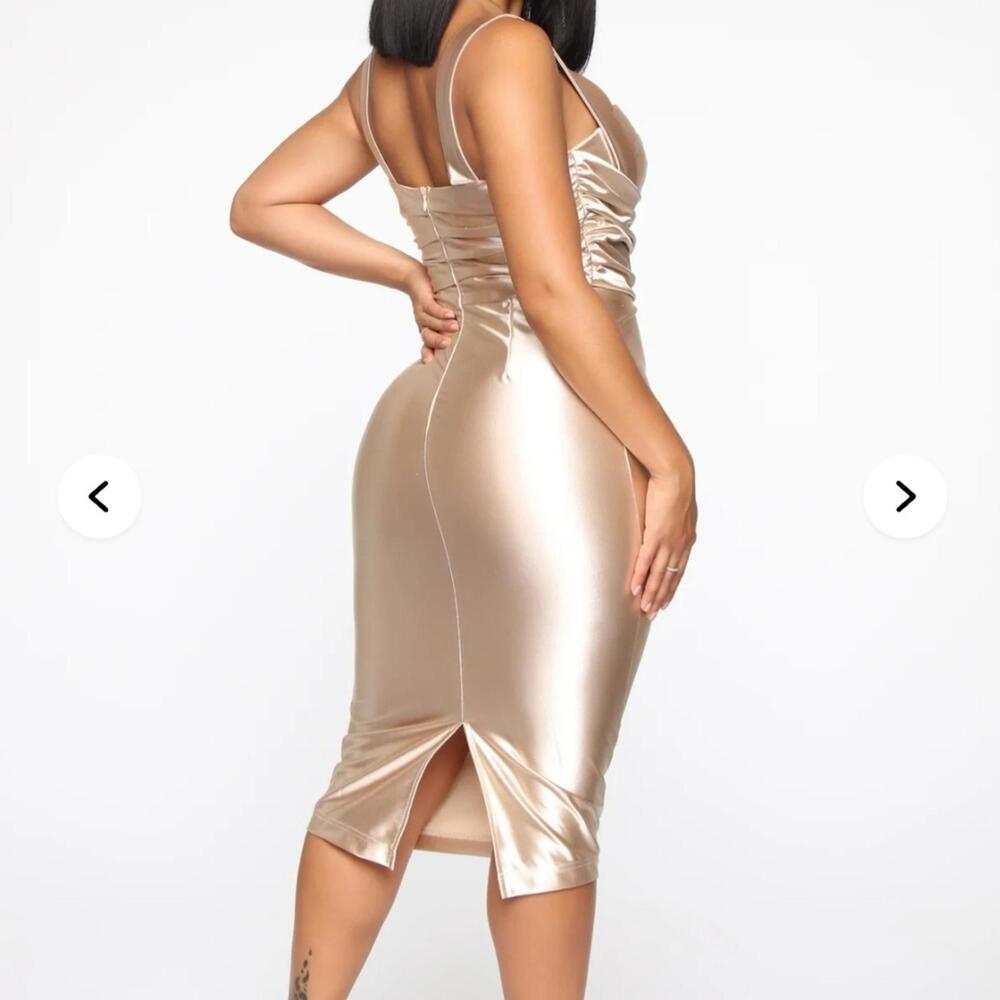 Fashion Nova Champagne Satin Bodycon Midi Dress‎ Formal NWT Size L - Picture 3 of 8